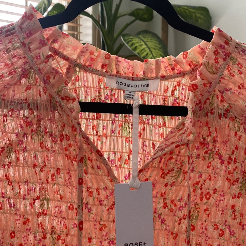 Rose + Olive Peasant Long-Sleeve Flower Top with Draw Strings